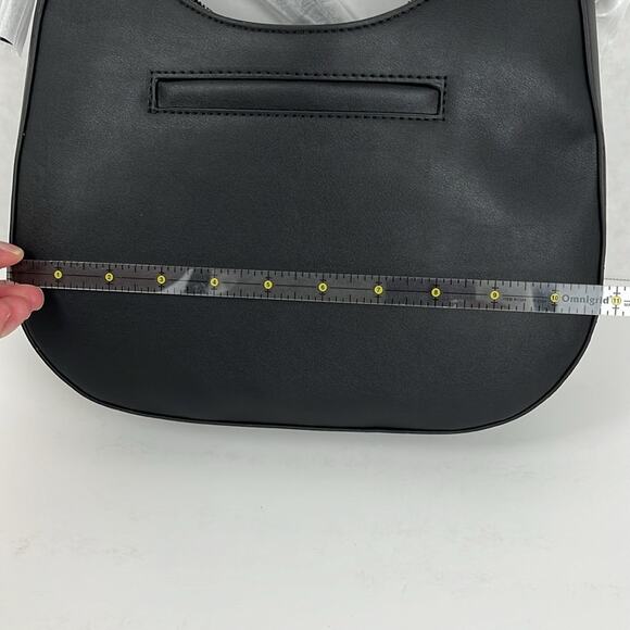 French Connection Elena Moon Shape Shoulder Bag Black Studs Silvertone Zip Close - Picture 9 of 11